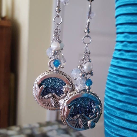 Blue druzy Mermaid Dangle drop Earrings Hypoallergenic Stainless Steel J Hooks - Picture 3 of 10